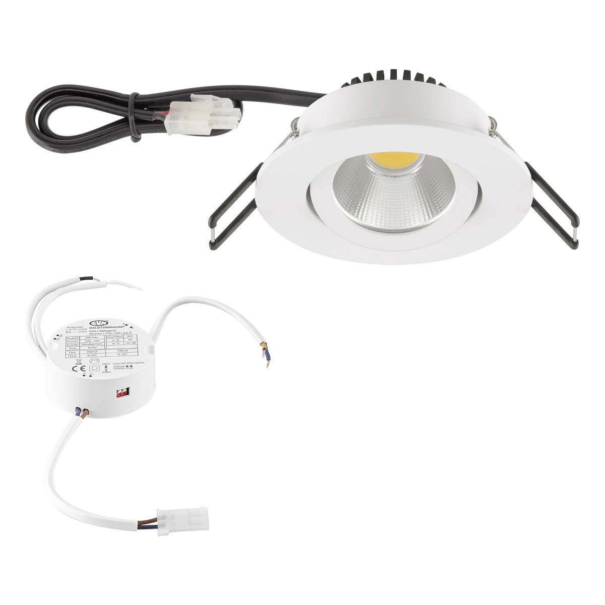 Einbauleuchte mit Kabel und Treiber, weißes Gehäuse, rundes Design. Geeignet für Deckeneinbau.