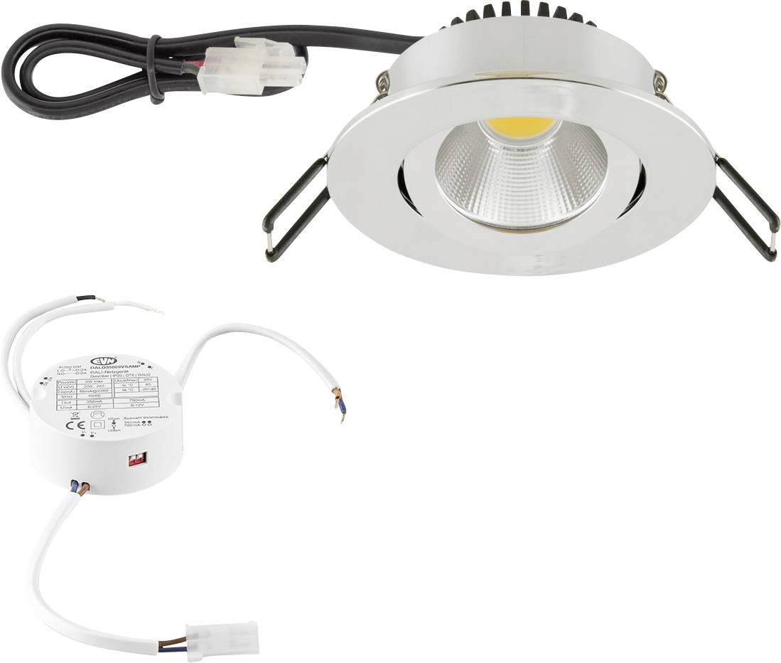 Weißes versenktes LED-Einbauleuchten-Set mit Federclips, angebrachtem Stromkabel und separatem Treiber auf weißem Hintergrund.