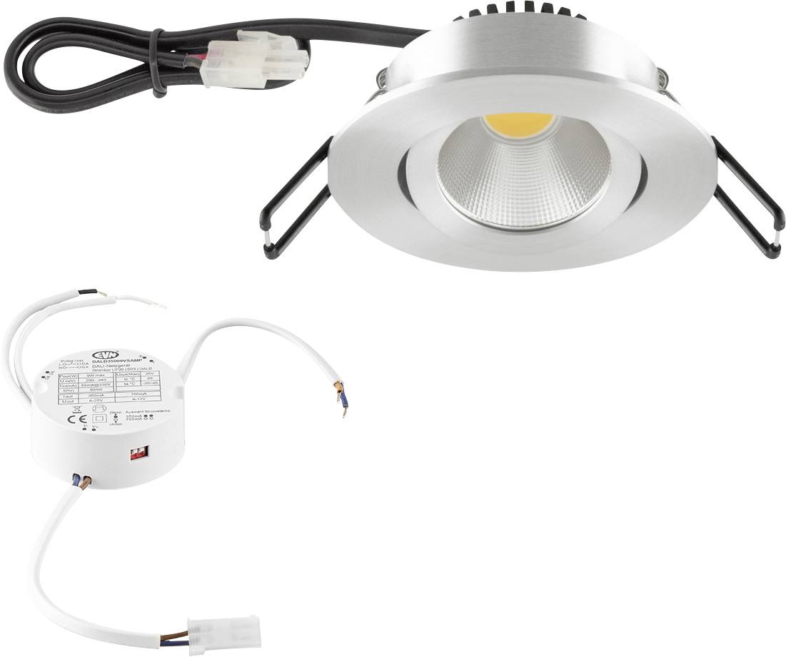 Deckenstrahler mit silbernem Rahmen, LED-Lichtquelle und Kabelanschluss. Beipack: Transformator mit Kabeln zur Stromversorgung.