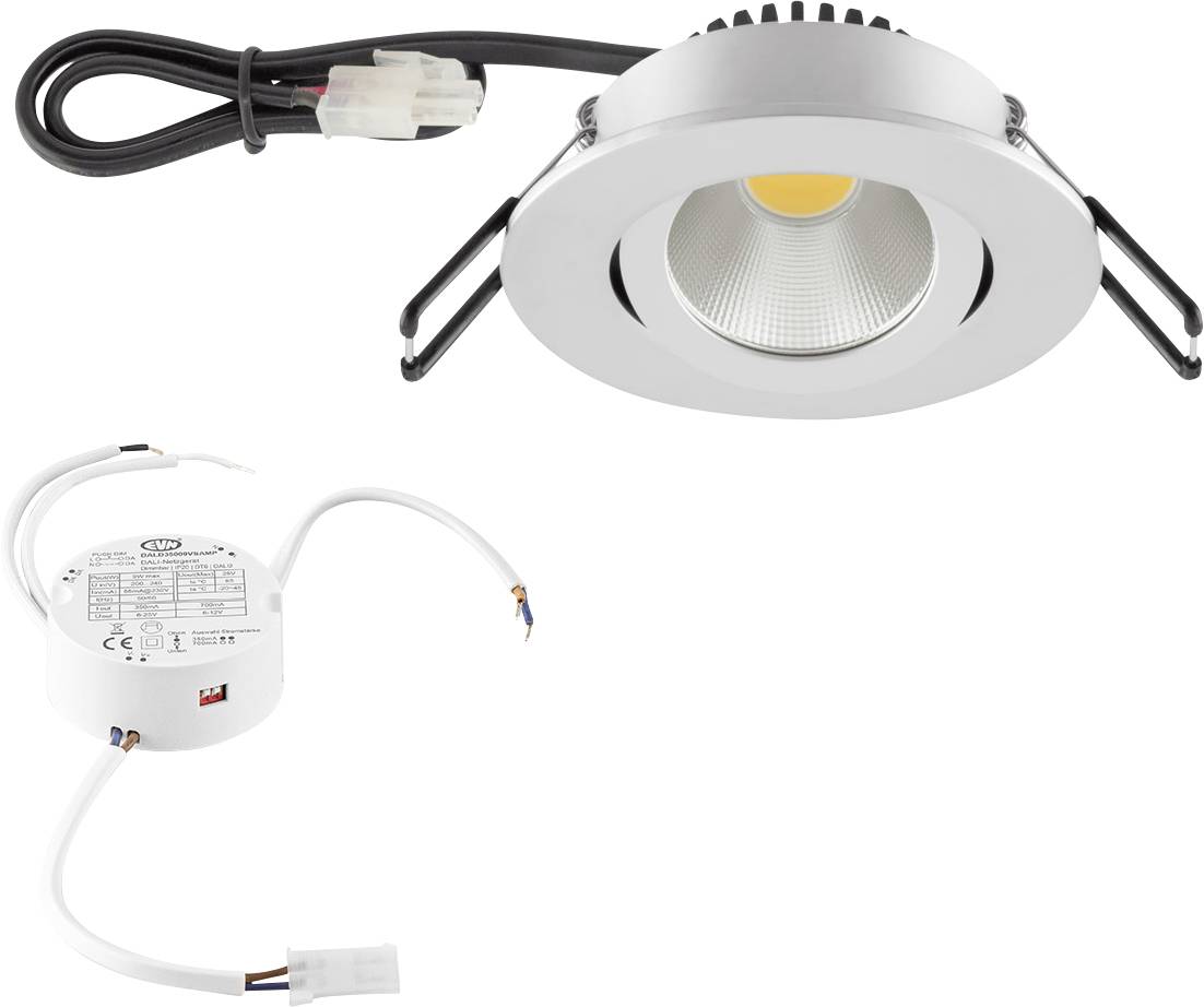 Eingebautes LED-Downlight-Set mit rundem silbernem Rahmen, einschließlich Treiber, Verkabelung und Federklemmen zur Deckeninstallation.