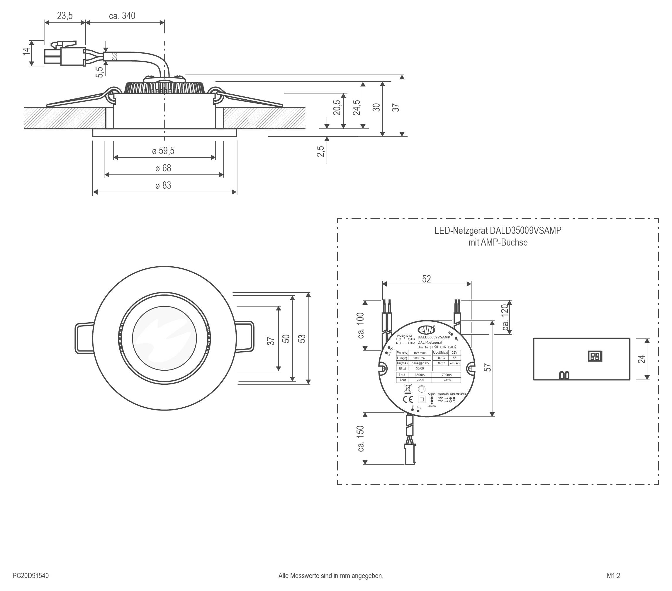 Technische Zeichnung einer runden LED-Einbauleuchte mit Draufsicht, Seitenansicht und Vorderansicht mit Maßangaben in mm und Abmessungen für die zugehörige Steuereinheit.