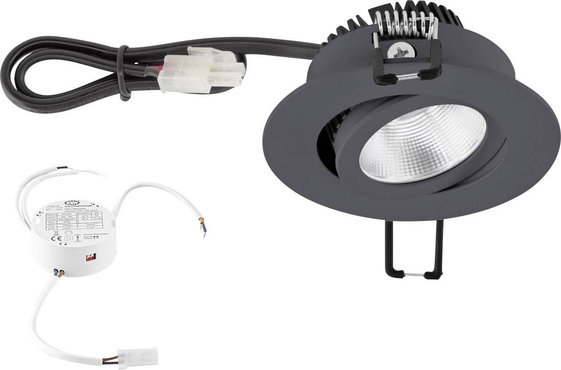 Schwarzer LED-Deckenspot mit Anschlusskabel und externem weißen Transformator, geeignet für Beleuchtung in modernen Innenräumen.