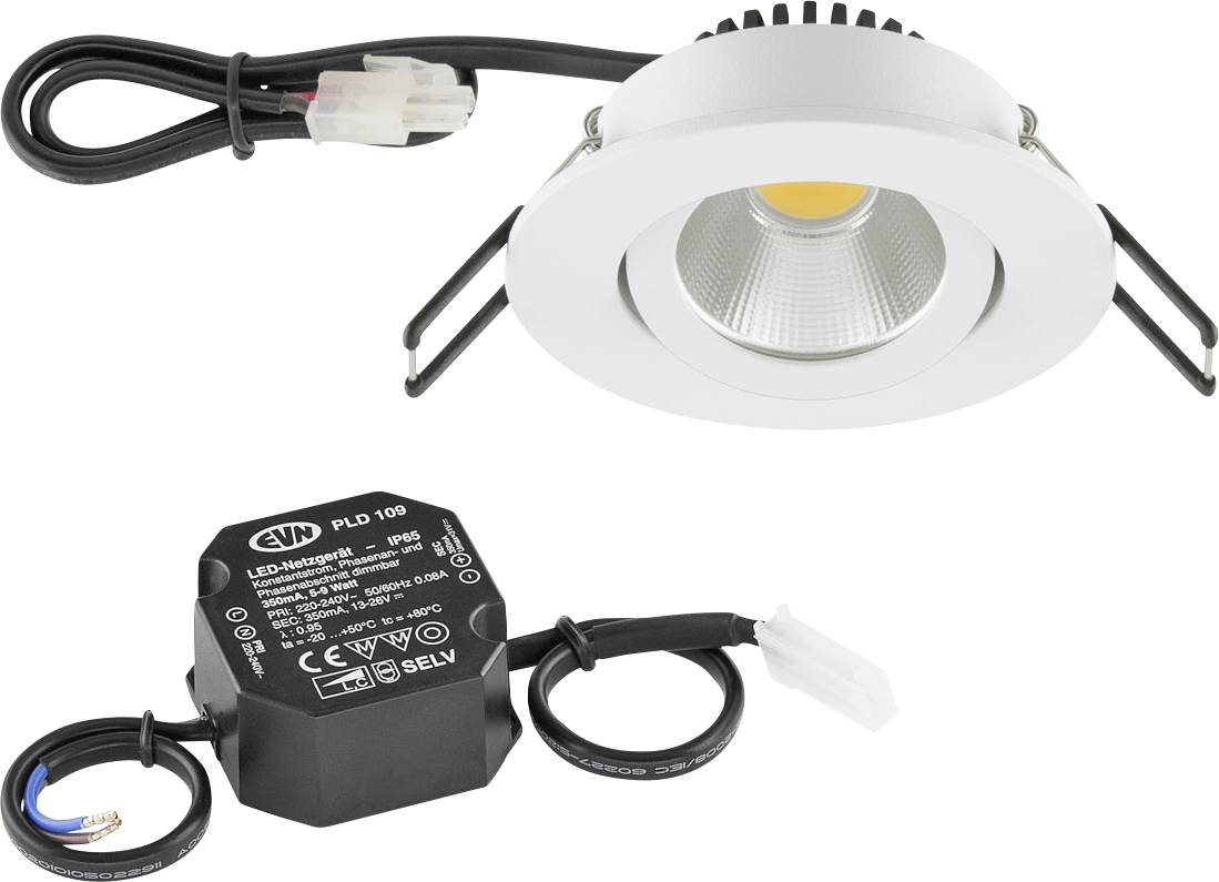 Weiße eingelassene LED-Einbauleuchte mit Federclips und Kabel, abgebildet mit separatem schwarzem Treiber und Stromzuleitungen auf weißem Hintergrund.