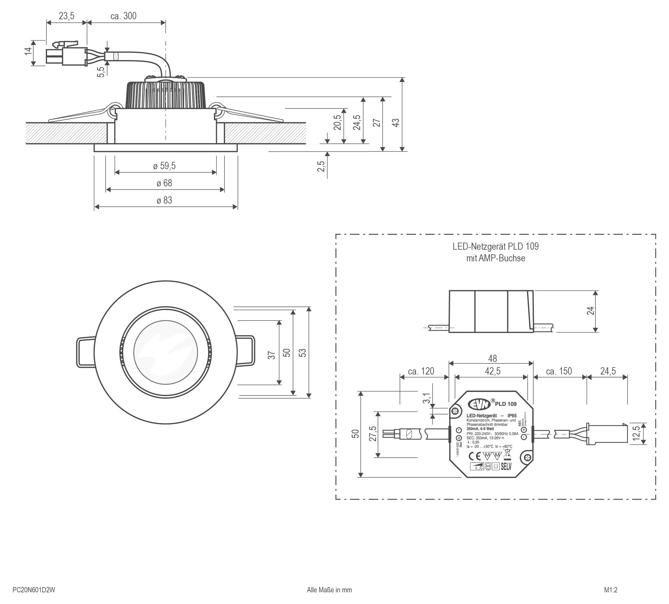 Technische Maßzeichnung einer runden, versenkt eingebauten LED-Leuchte mit Seiten- und Vorderansicht, die Einbautiefe, Durchmesser und Kabel-/Treiberabmessungen in Millimetern zeigt.