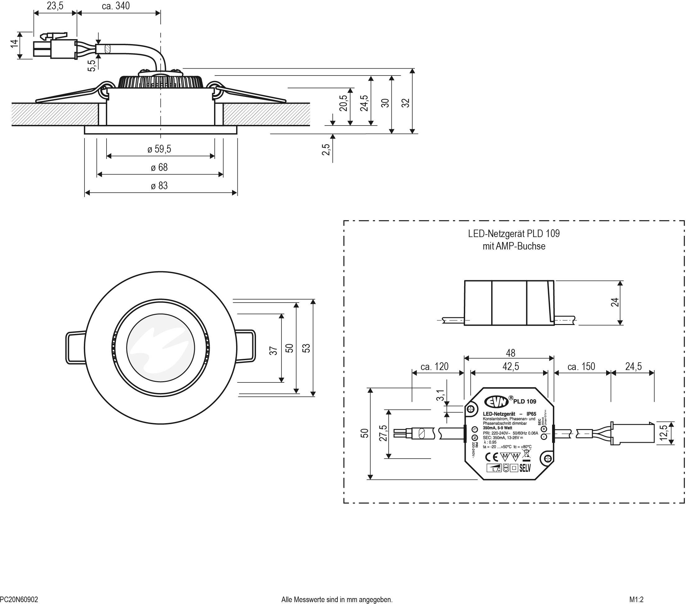 Technische Zeichnung eines Einbaustrahlers mit Abmessungen, LED-Netzgerät PLD 109 mit AMP-Buchse, inklusive Maßangaben und Anschlussdetails.