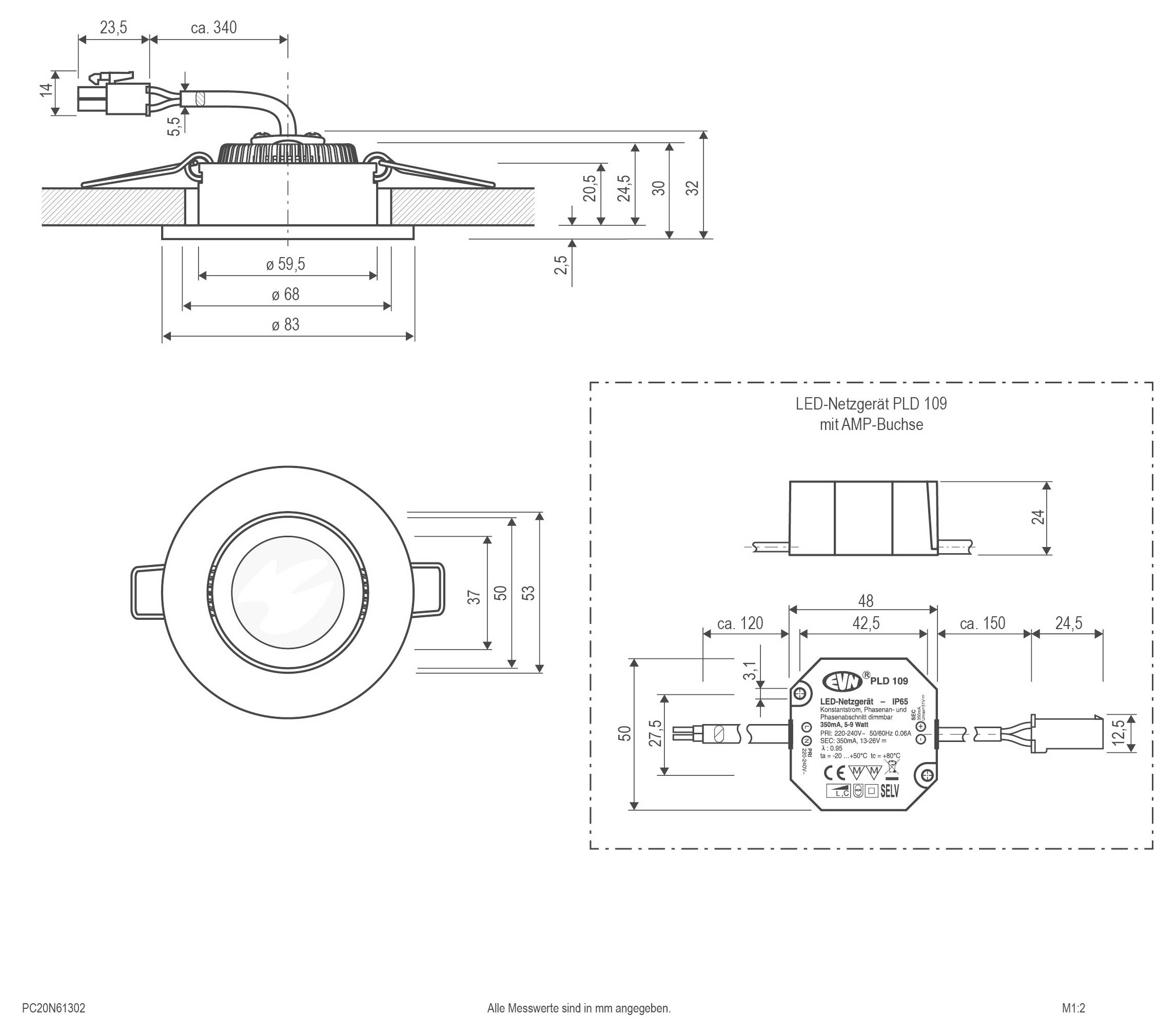 Technische Zeichnung eines runden LED-Einbaulichts und Treibers, dargestellt in Draufsicht, Seitenansicht und Frontansicht mit Abmessungen in Millimetern.