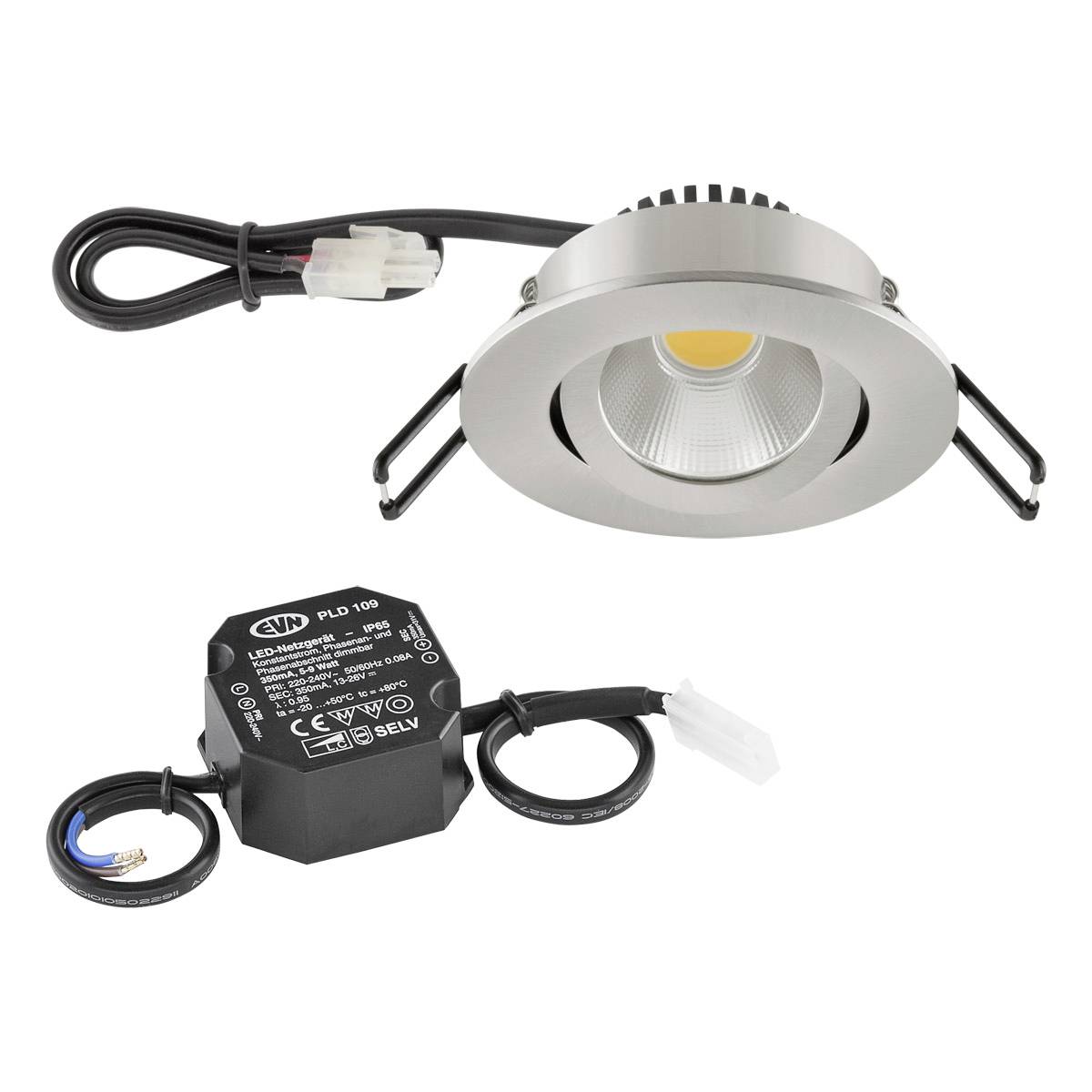 Einbaustrahler aus Metall mit LED-Lampe und Transformator. Geeignet für Innenbeleuchtung, energieeffizient und modern im Design.