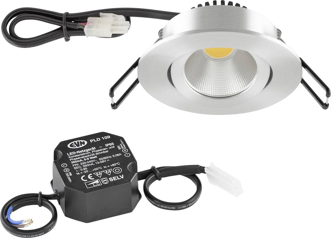Einbau-LED-Downlight-Set mit silberner Blende, Treiberbox und Verbindungskabeln auf weißem Hintergrund.