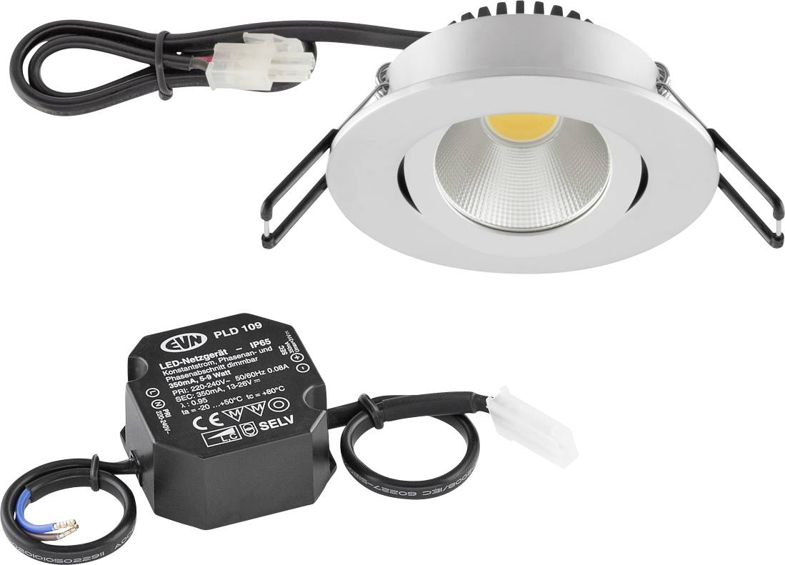 LED-Einbau-Downlight-Set mit rundem silbernem Rahmen, integriertem Treiber und Verbindungskabeln auf weißem Hintergrund.