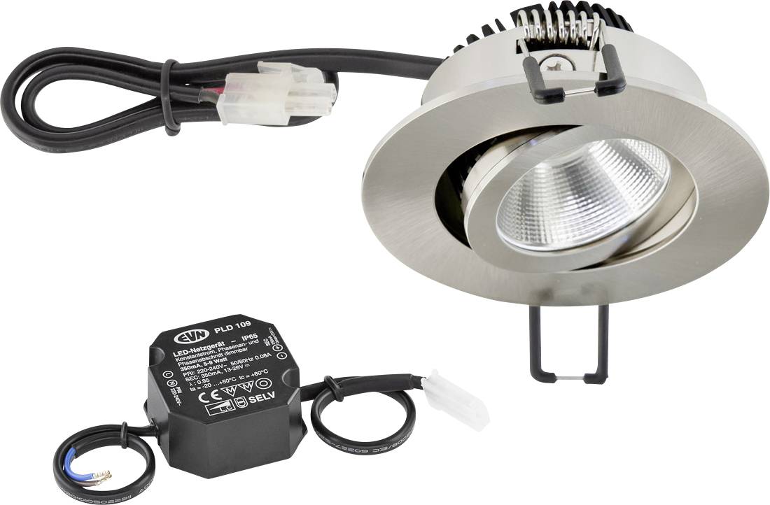 Ein LED-Einbauspot in Metalloptik mit Anschlusskabel neben einem runden, schwarzen Transformator. Das Design ist modern und funktional.