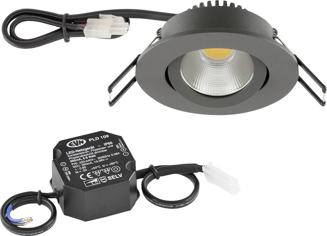 Eingebaute LED-Einbauleuchte mit Federclips und verdrahteter Stromversorgungstreiber auf weißem Hintergrund.