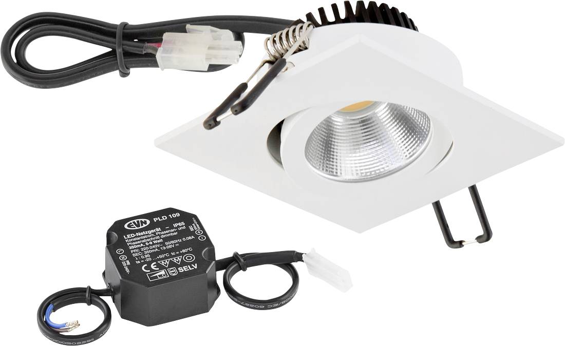 Weiße LED-Einbauleuchte mit quadratischer Blende, inklusive Treiber, Federklemmen und Verbindungskabel auf weißem Hintergrund.