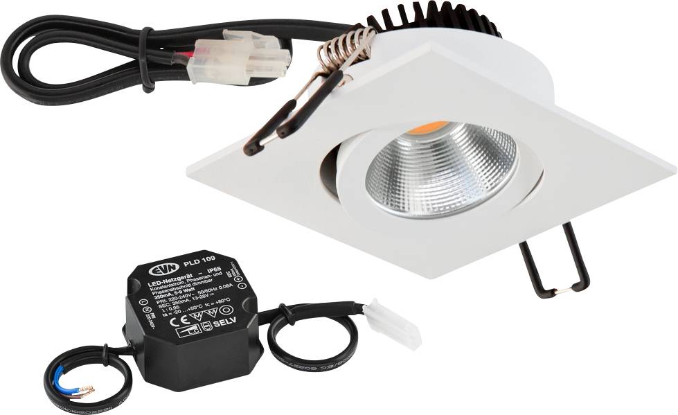 Quadratische LED-Deckeneinbauleuchte mit Kühlrippen, Kabel und schwarzem Transformator. Geeignet zur energieeffizienten Beleuchtung.