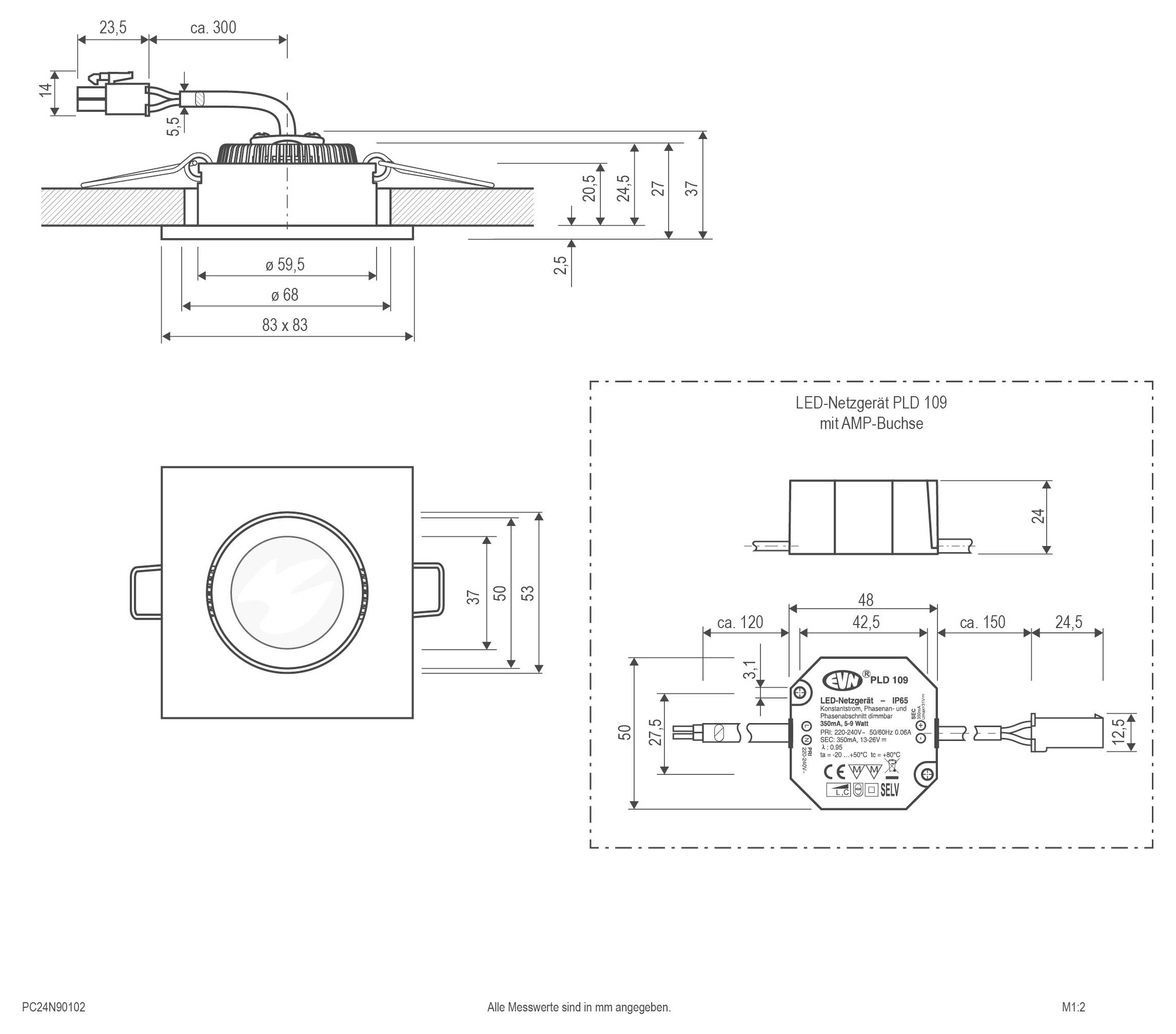 Technische Zeichnung einer eingelassenen LED-Spotleuchte mit Seiten- und Frontansicht, beschriftete Abmessungen in Millimetern und ein separates Schaltplandiagramm des LED-Treibers.