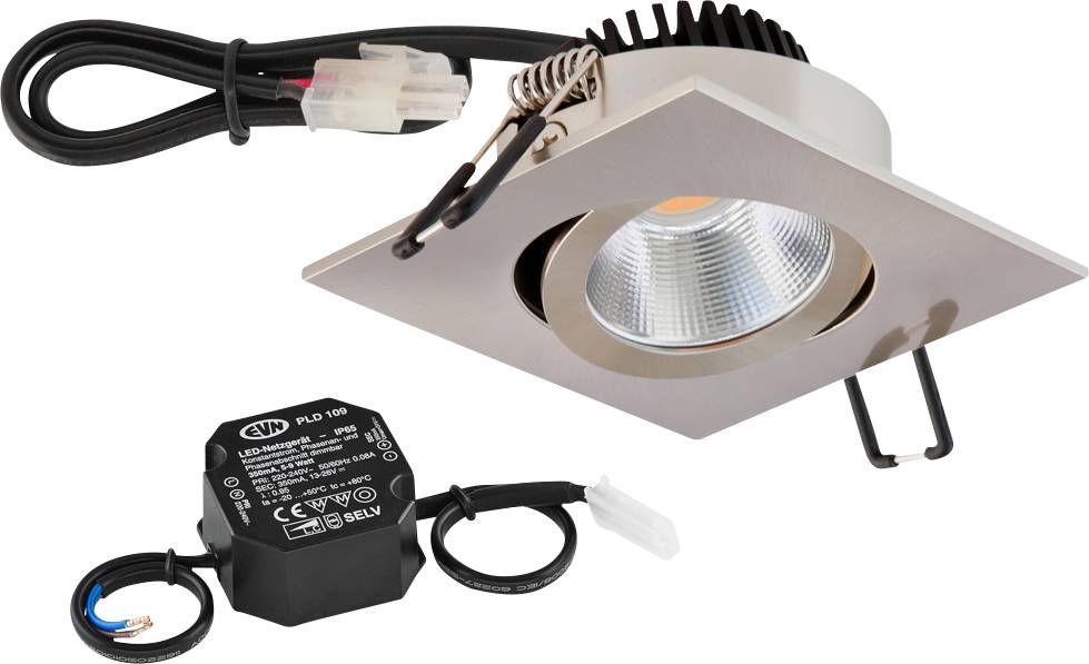 LED-Downlight mit quadratischer Blende und externem Treiber, geeignet für Deckenmontage. Enthält Anschlusskabel und Kühlrippen.