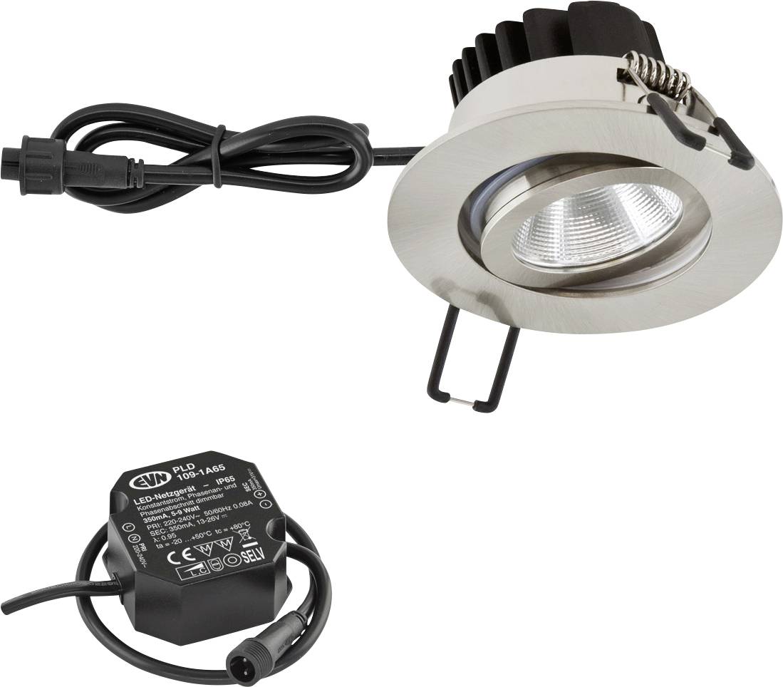 Runde, eingebaute LED-Einbauleuchte mit angebrachtem Stromkabel und separatem schwarzem Treibermodul auf weißem Hintergrund.