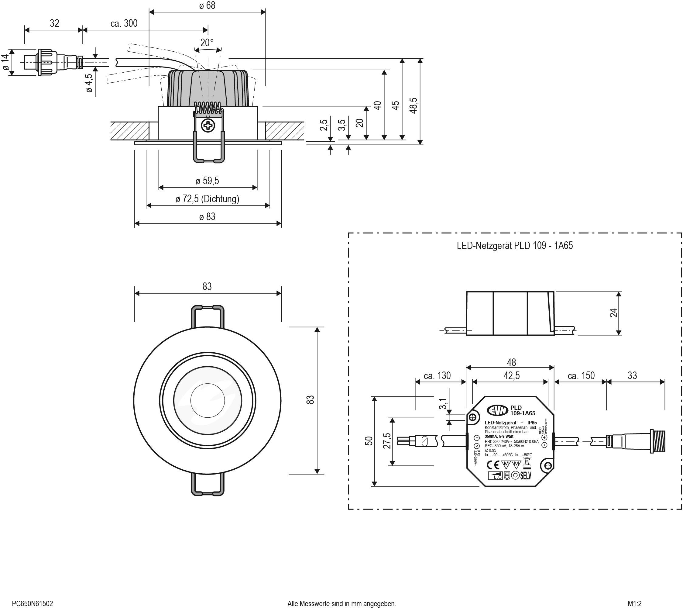 Technische Zeichnung eines runden LED-Systems mit Maßen. Detailansicht des Installationsprozesses und Spezifikationen des Netzteils.