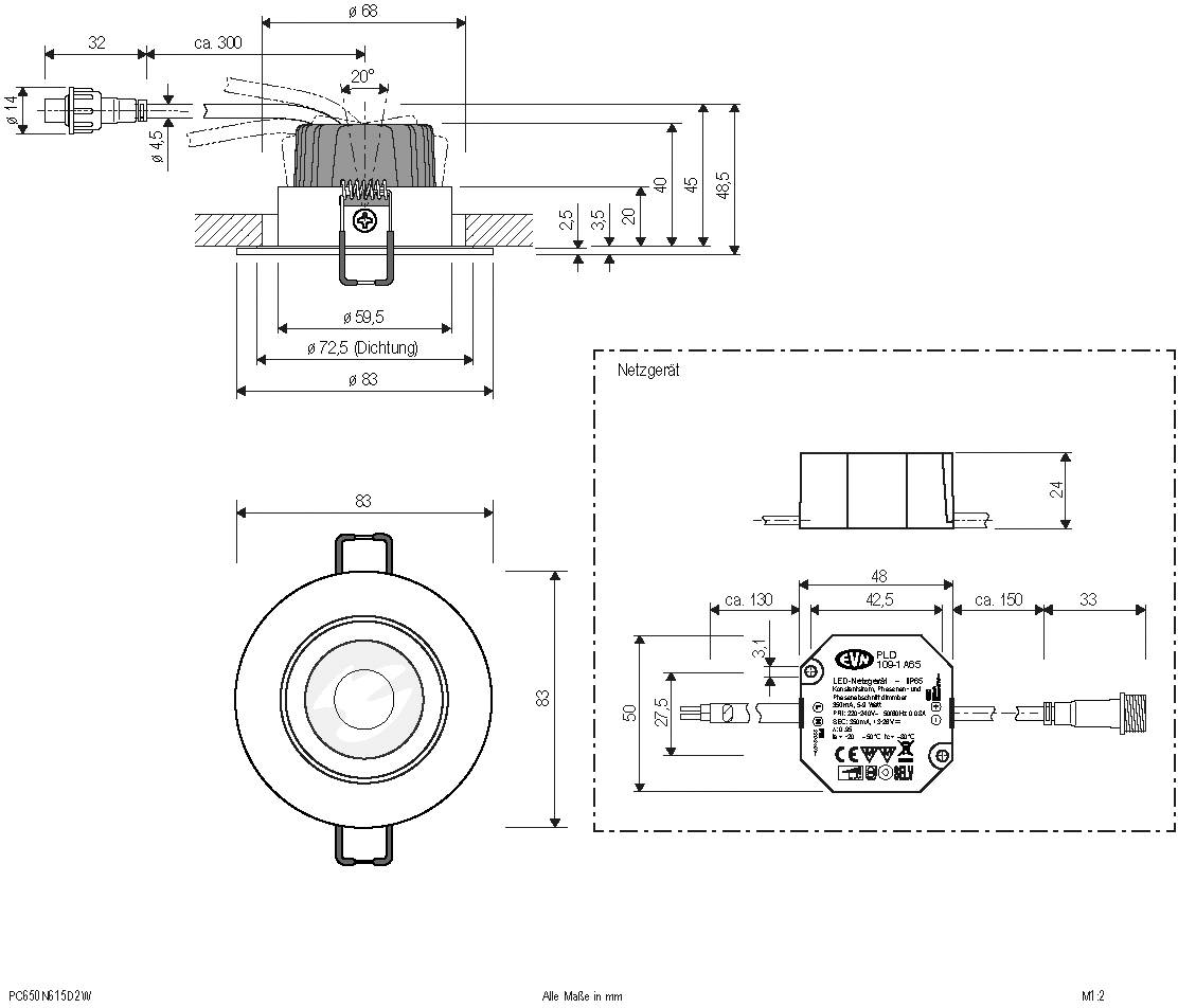 Technische Zeichnung eines Aufbaustrahlers mit Abmessungen: Durchmesser 83 mm, Höhe ca. 300 mm. Zeigt auch Netzgerät mit Detailmaßen.