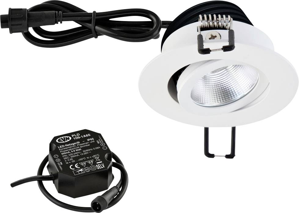 Weiße eingebaute LED-Einbauleuchte mit Befestigungsclips, Stromkabel und schwarzem Treiber auf weißem Hintergrund.