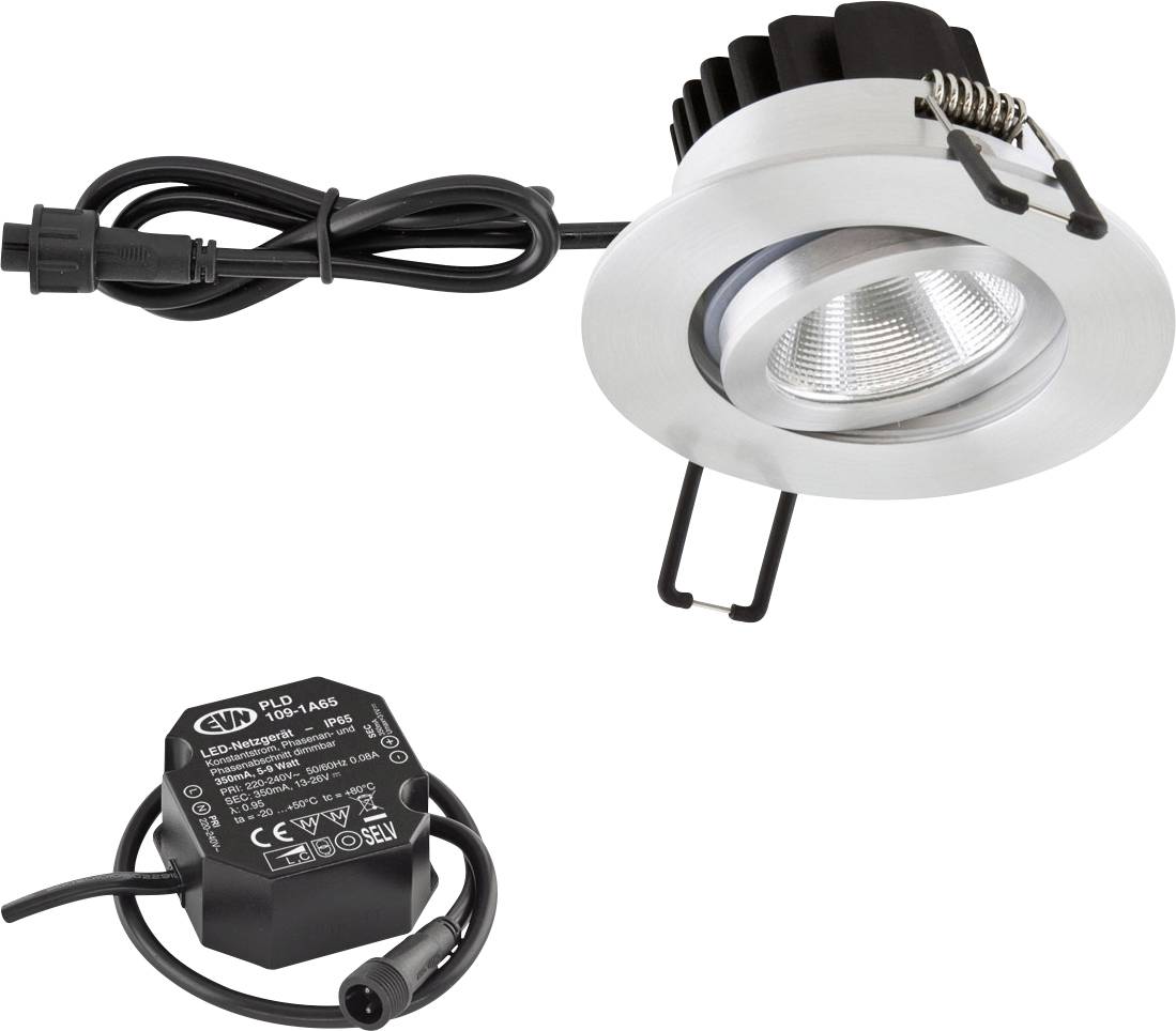 Silberner LED-Deckenspot mit Kabel und schwarzem Netzteil, geeignet für den Einbau in Decken, zeigt technische Details auf dem Netzteil.