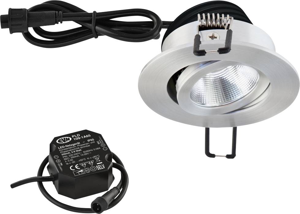 Ein runder, silberner LED-Einbaustrahler mit Kabel und externem Transformator. Geeignet für moderne Deckenbeleuchtung.