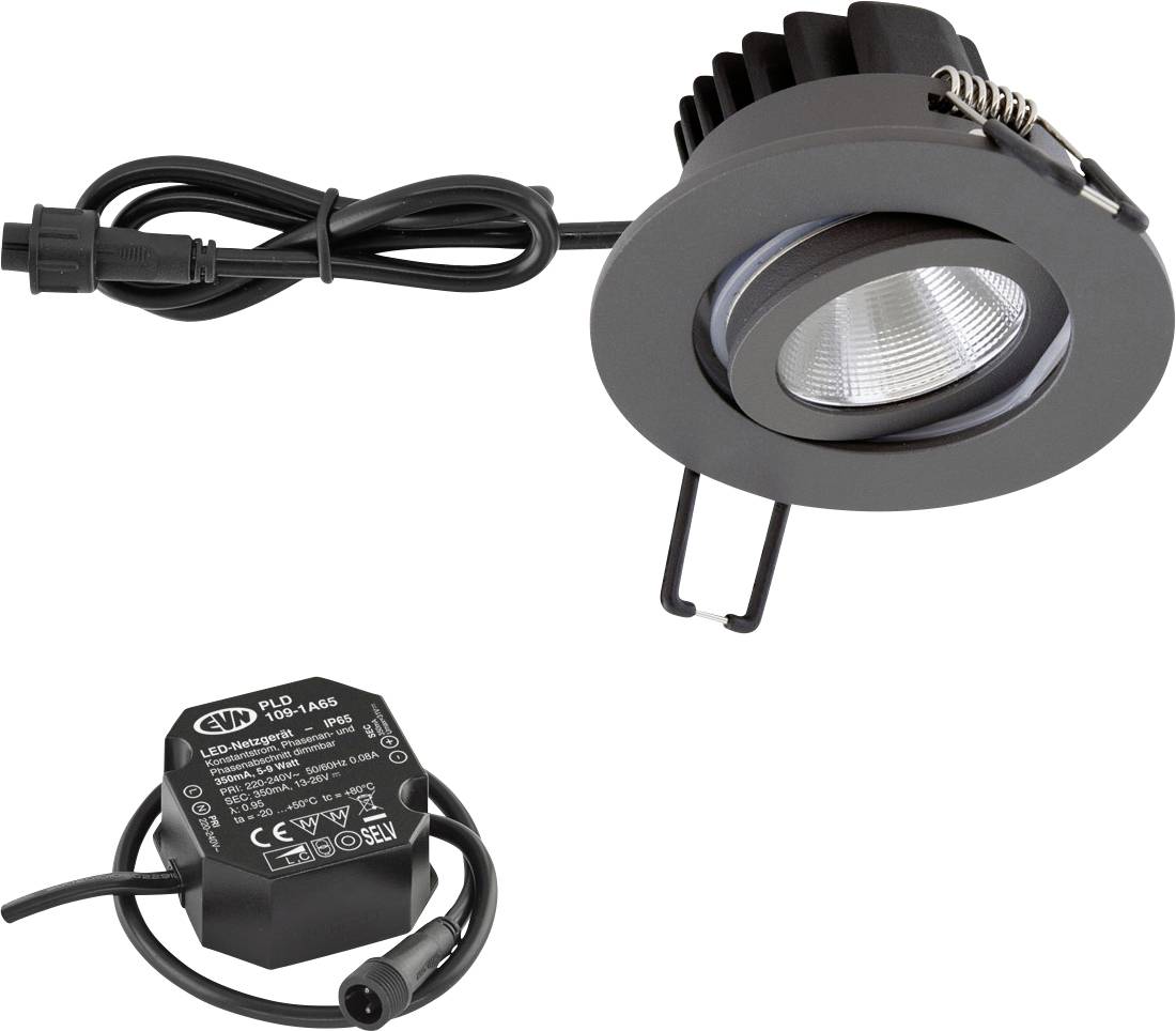 Einbau-LED-Downlight-Set mit rundem schwarzem Spot, angebrachtem Stromkabel und separatem Treibermodul auf weißem Hintergrund.