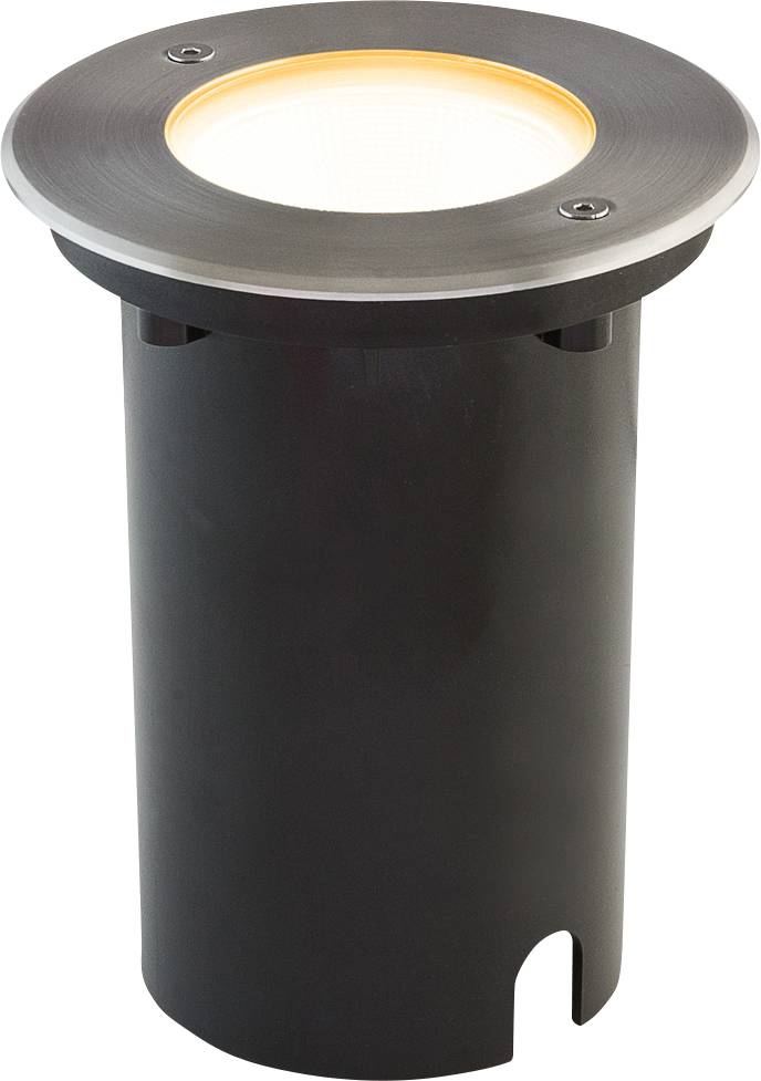 Eine runde Bodeneinbauleuchte mit schwarzem Gehäuse und diffuser Abdeckung, die warmweißes Licht ausstrahlt.