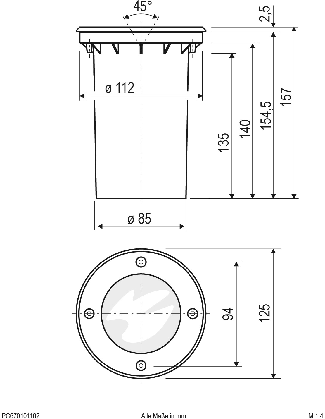Technische Zeichnung eines zylindrischen Bauteils mit Maßen: Höhe 135 mm, Durchmesser oben 112 mm, unten 85 mm, Einbautiefe 154,5 mm.