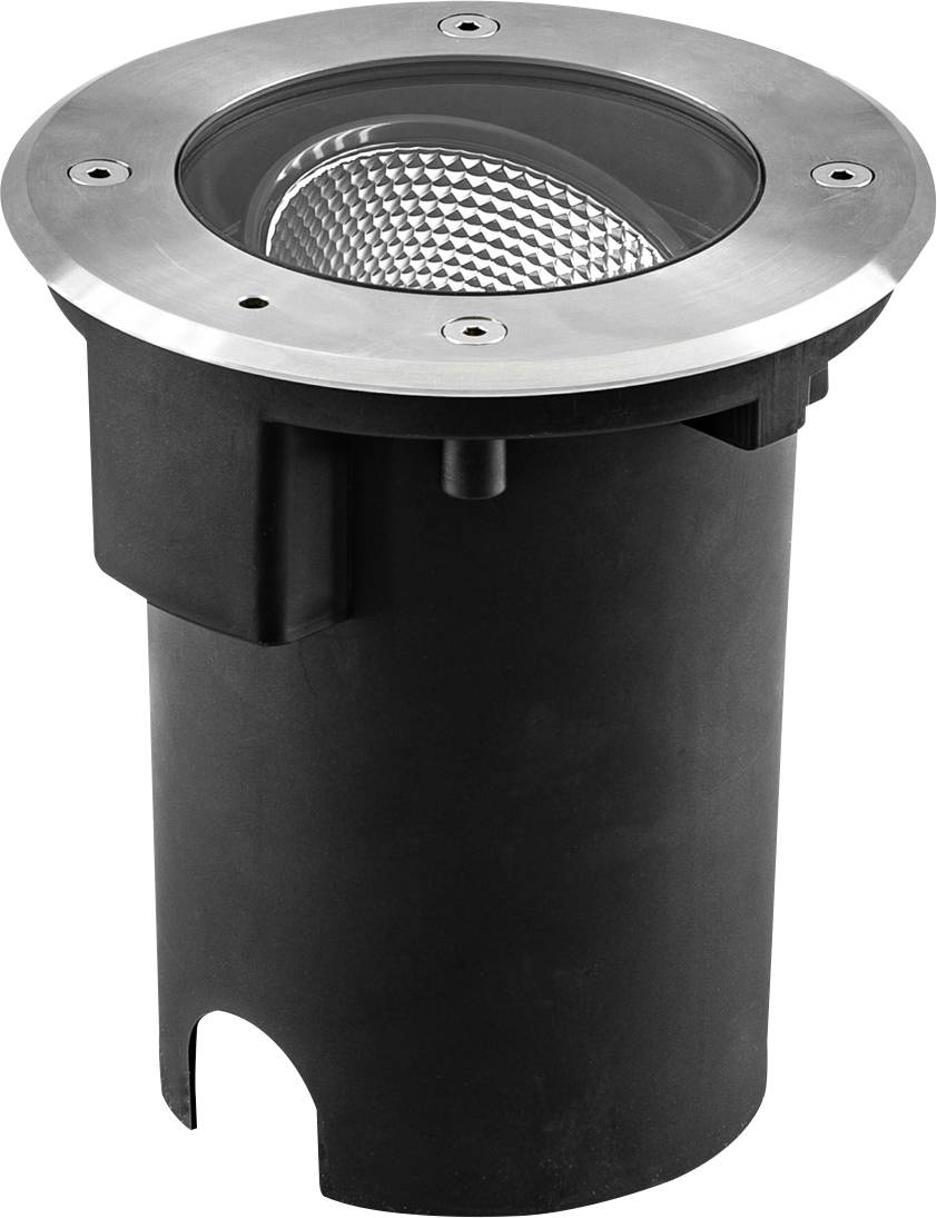 Runde eingelassene Bodenleuchte mit schwarzem zylindrischem Gehäuse und silbernem Zierring