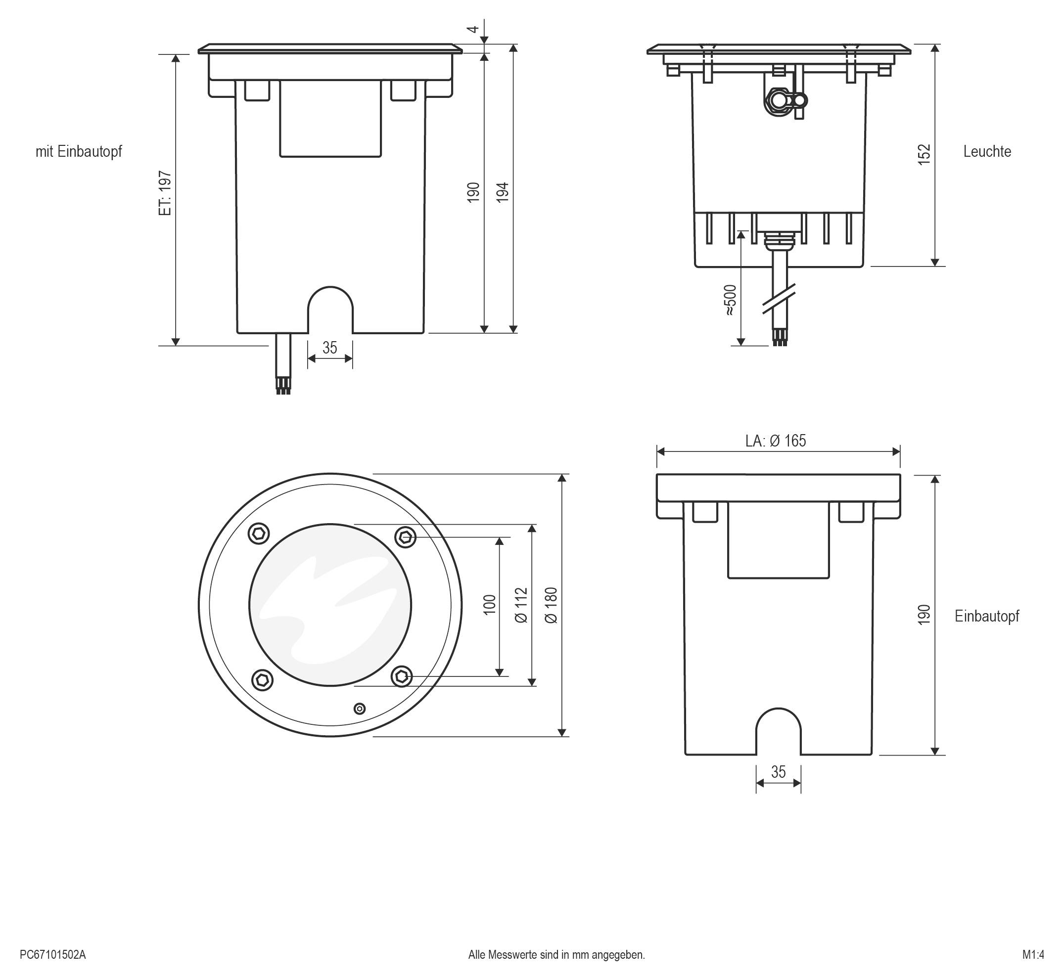 Technische Maßstabzeichnung einer runden eingelassenen Leuchte, zeigend Vorder-, Seiten-, Draufsicht und Schnittansichten mit Abmessungen in Millimetern.