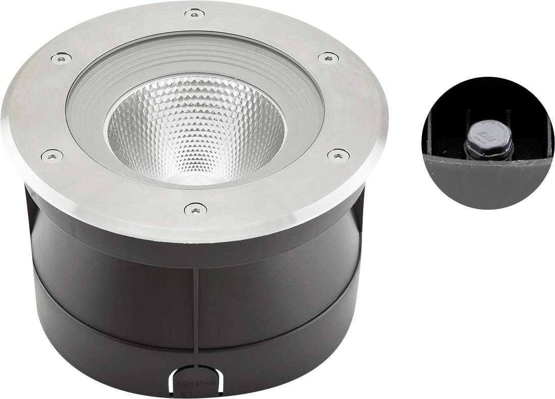 Rundes, eingelassenes Bodenleuchten-Einbaugerät mit silbernem Rahmen und klarer Linse, auf weißem Hintergrund abgebildet.