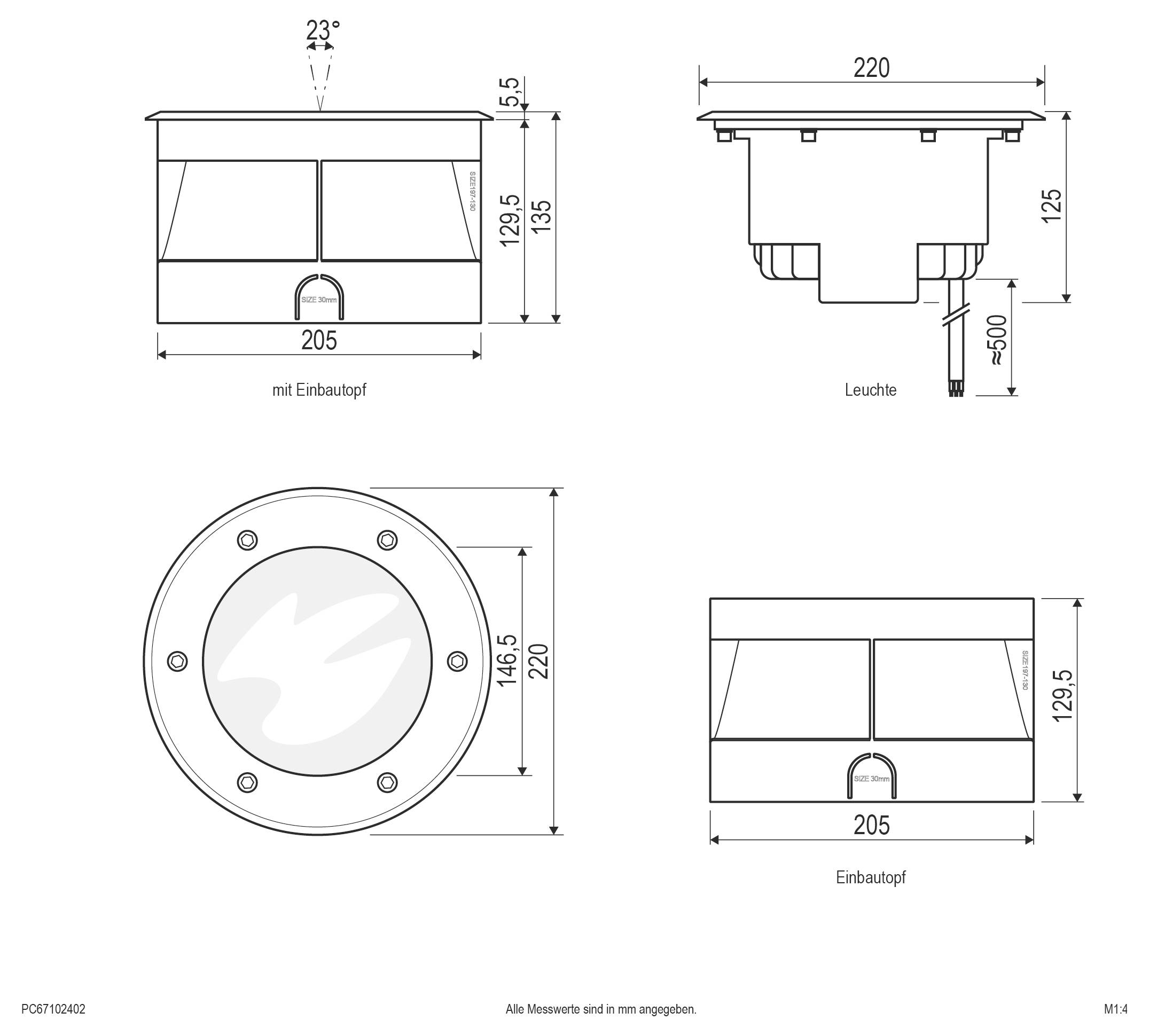 Technische Maßzeichnung einer runden eingebauten Leuchte mit Draufsicht und Seitenansicht, die Ausschnitt- und Montagemaße in Millimetern zeigt.