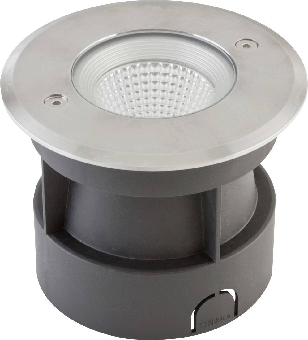 Bodeneinbau-LED-Leuchte aus Edelstahl und Schwarz mit runder Frontseite und Schutzgehäuse, dargestellt vor weißem Hintergrund.