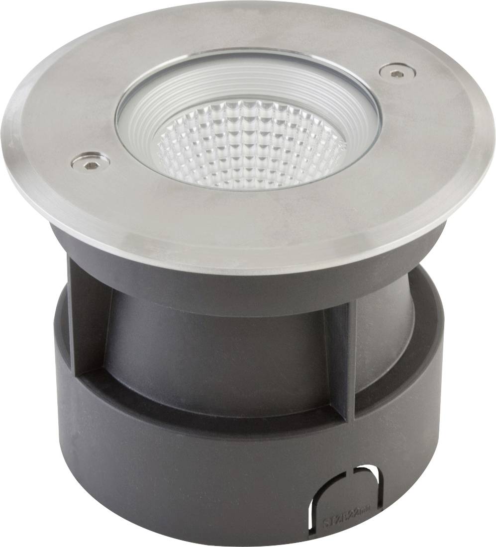 Bodenleuchte aus Metall mit runder, geriffelter Abdeckung und LED-Licht, geeignet für Außenbeleuchtung und akzentuierte Lichtgestaltung.