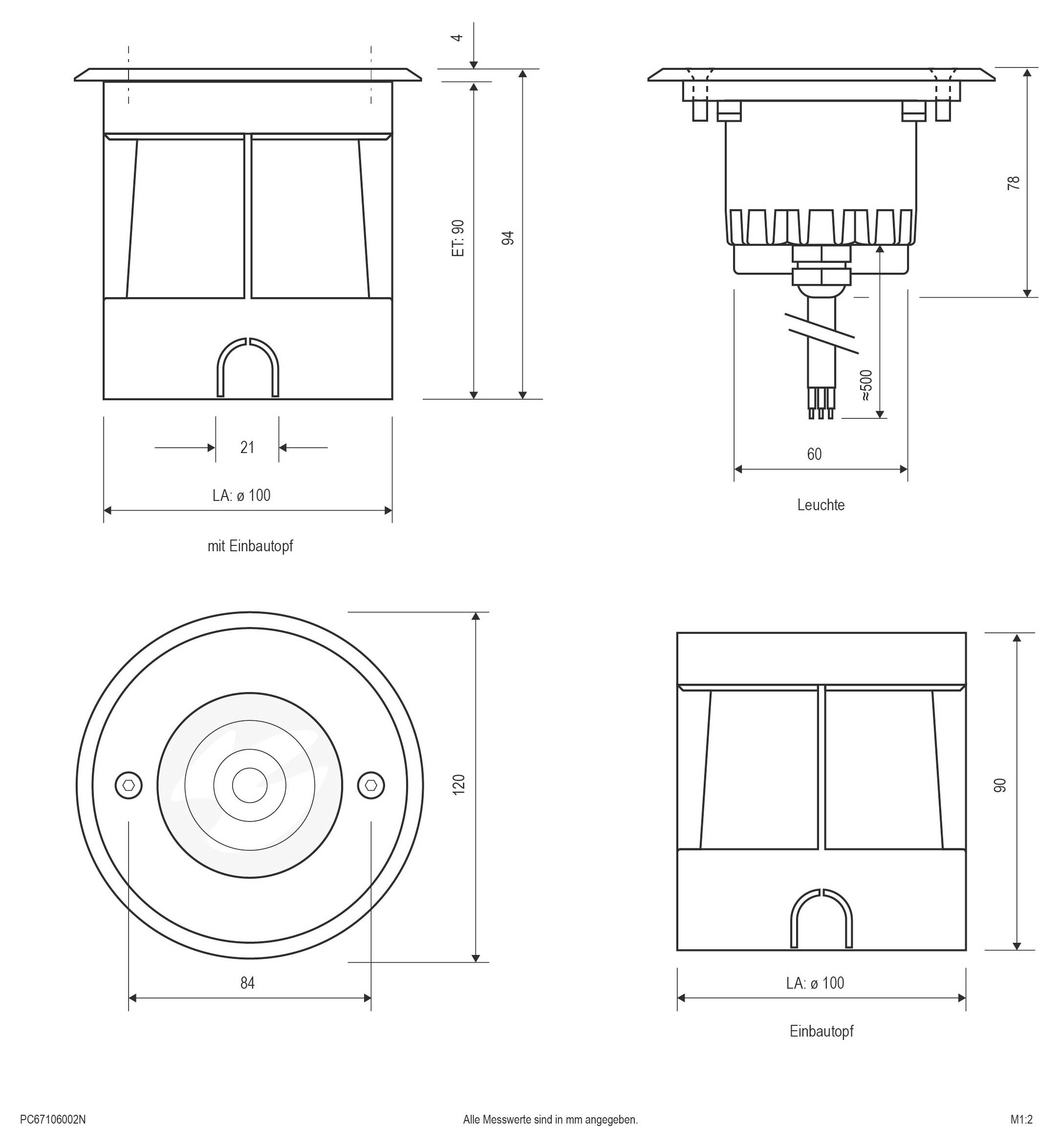 # Technische Linienzeichnung einer Einbauleuchte mit Vorder-, Seiten-, Draufsicht und Installationsansicht, die Abmessungen in Millimetern und Beschriftungen 