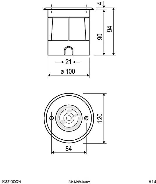 Technische Zeichnung zeigt Seiten- und Vorderansicht eines zylindrischen Objekts mit Maßen: Höhe 94 mm, Durchmesser 100 mm, weitere Details.