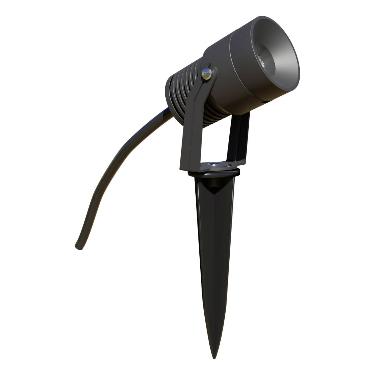 Ein schwarzer LED-Gartenstrahler mit Erdspieß und einstellbarem Kopf zur Ausrichtung des Lichts im Freien.