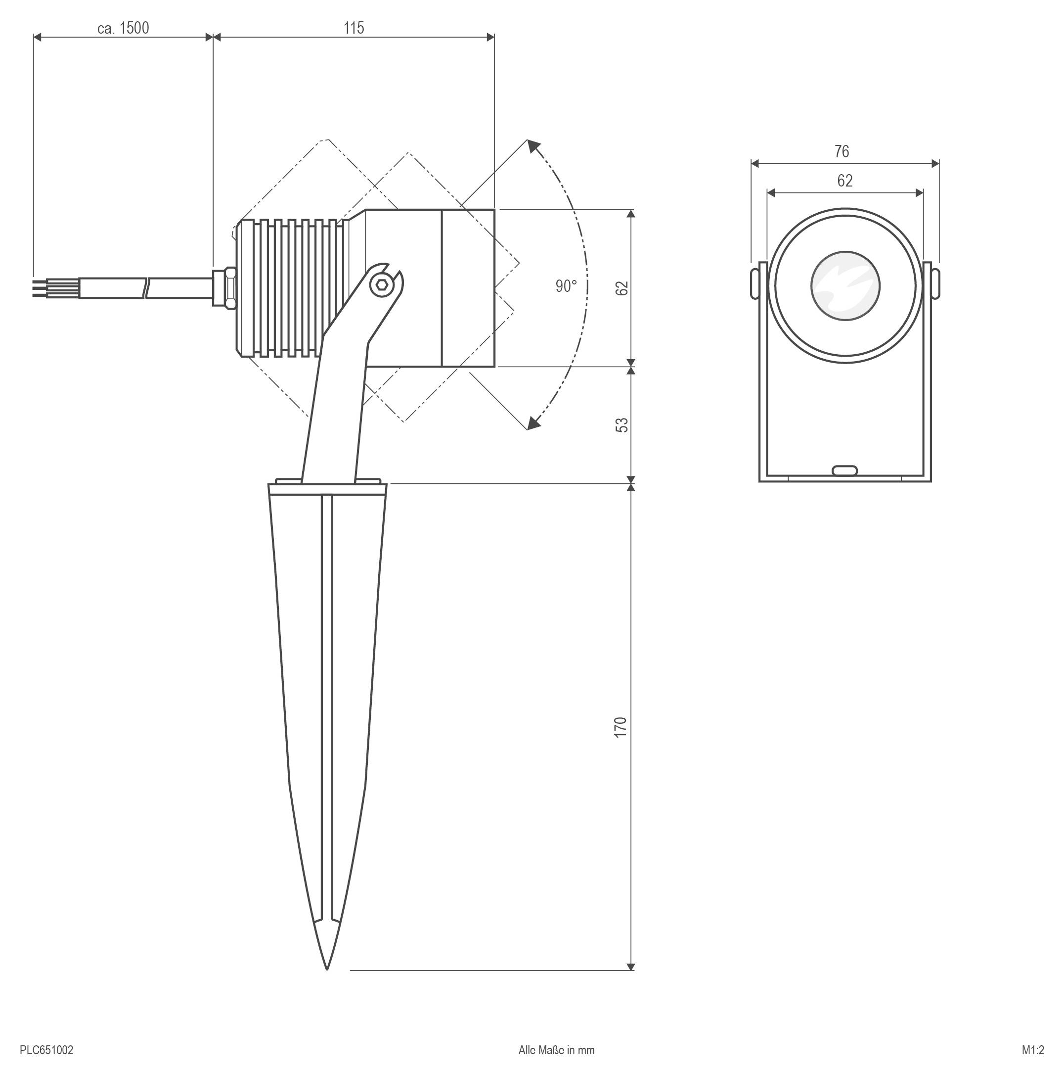 Technische Maßstabzeichnung eines Bodenspotlights auf einem Pfahl, zeigt Seiten- und Frontansicht mit Abmessungen in Millimetern und 90°-Neigungsbereich.