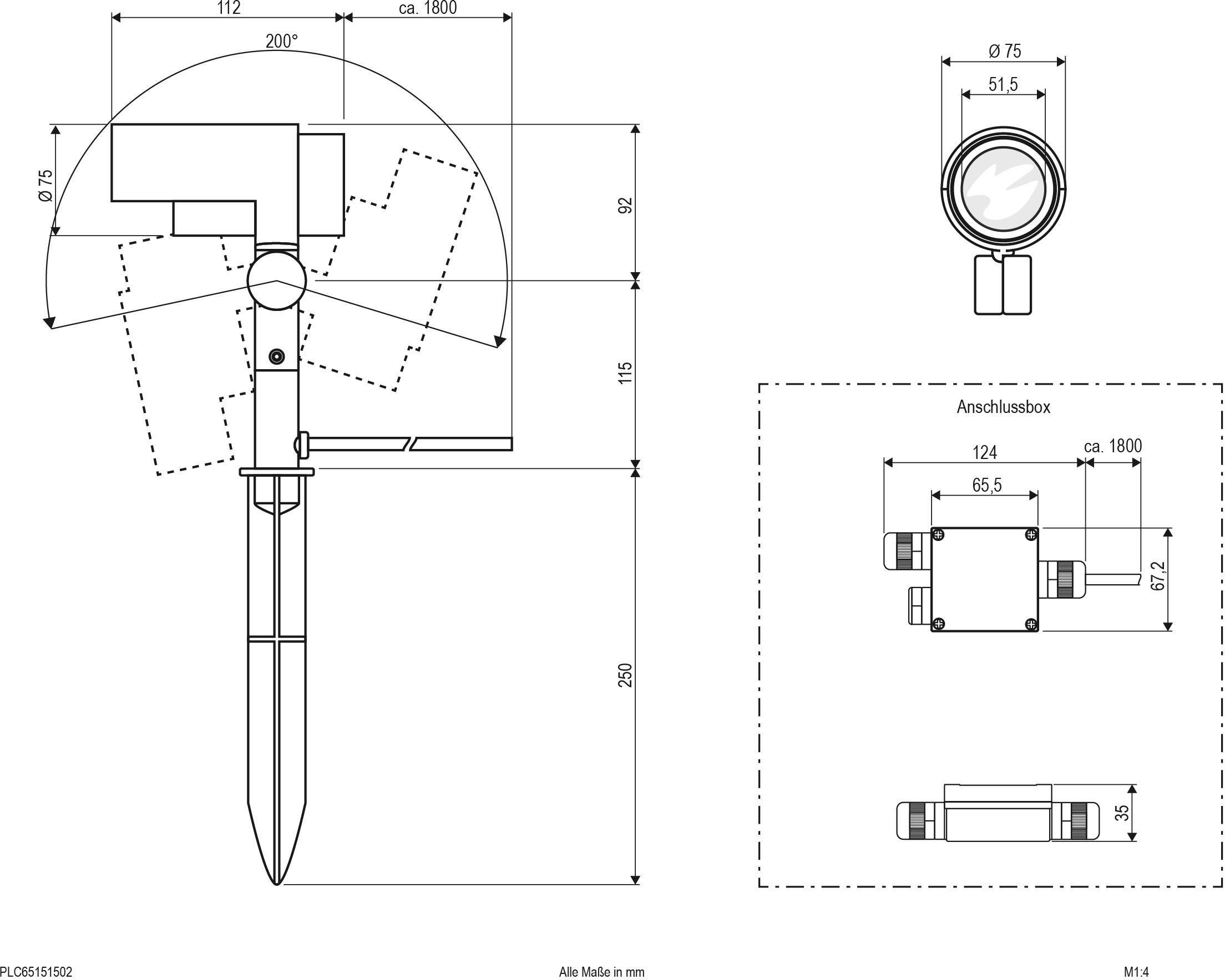 Technische Zeichnung eines Gartenstrahlers mit Massenangaben in mm. Zeigt Seitenansicht, obere Ansicht und Anschlussbox-Lage.