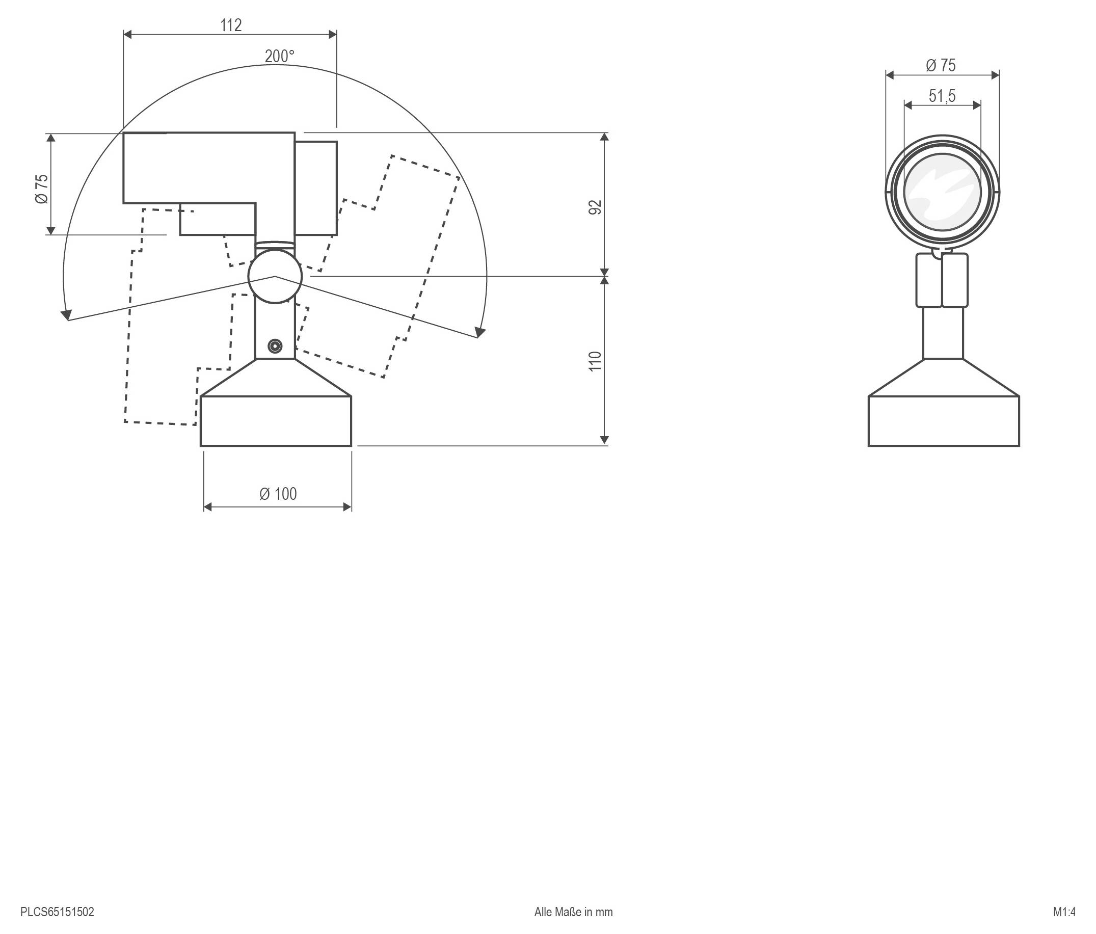 Technische Maßzeichnung eines verstellbaren Geräts, zeigend Seiten- und Frontansicht mit Rotationsbereich 200° und Abmessungen in Millimetern.