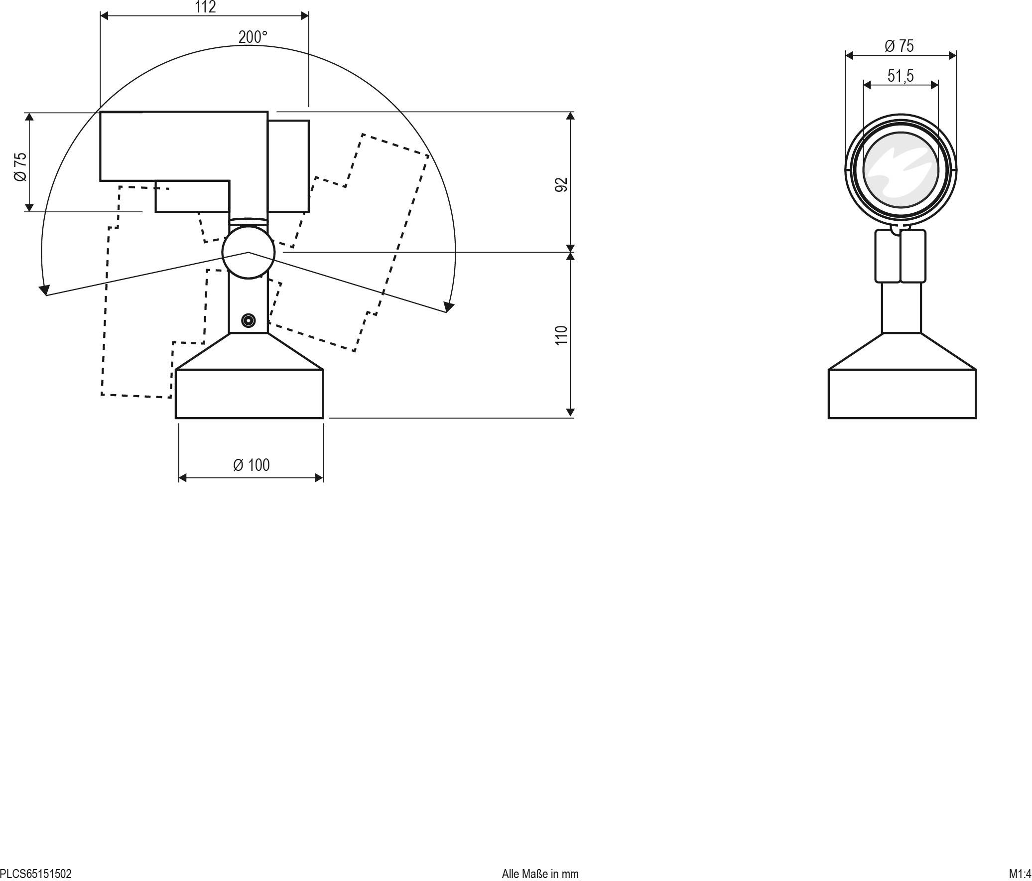 Technische Zeichnung einer Lampe mit Maßen: Höhe 110 mm, Breite 112 mm, Radius 75 mm. Drehwinkel 200°, Basisdurchmesser 100 mm.