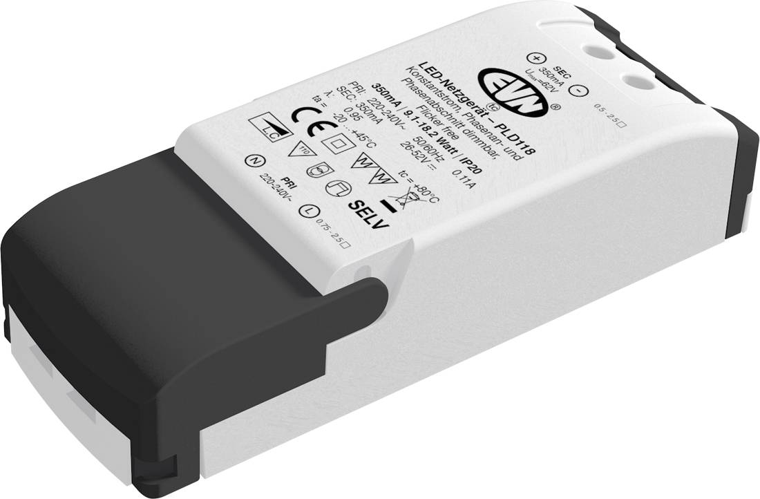 LED-Treiber-Stromversorgung in Weiß mit schwarzen Endkappen und gedruckten technischen Spezifikationen oben, dargestellt auf weißem Hintergrund.