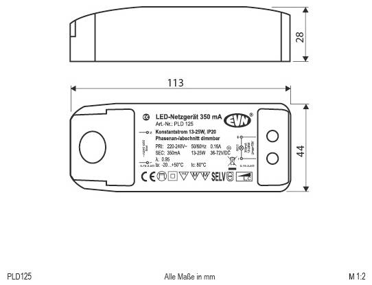 Technische Maßstabszeichnung einer LED-Notleuchte, die Seiten- und Vorderansicht zeigt mit Abmessungen von 113 mm Breite und 44 mm Höhe, plus 28 mm Tiefe.