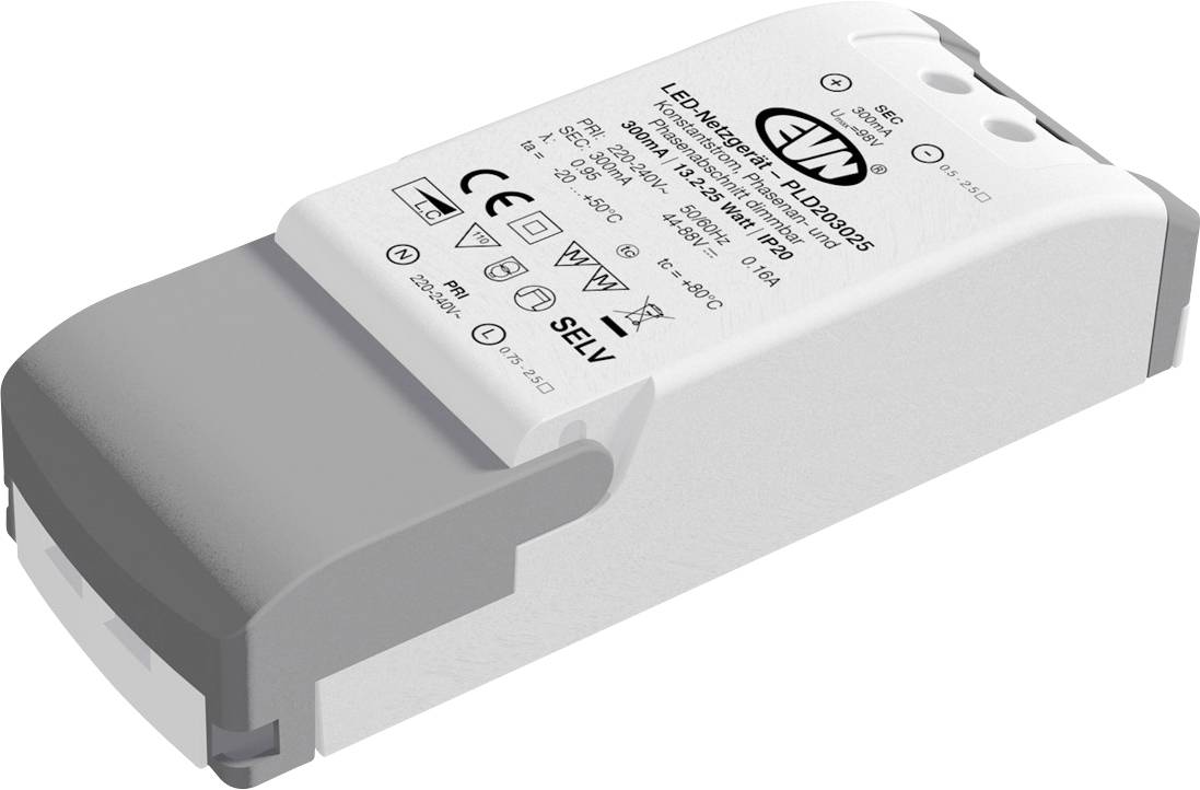 Ein rechteckiges LED Netzteil von EVN mit technischen Spezifikationen und Sicherheitskennzeichen auf der Oberseite.