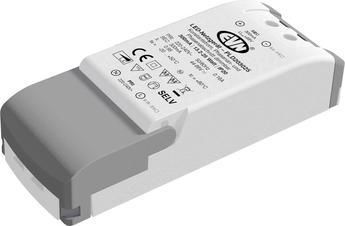 LED-Treiber-Stromversorgungsmodul mit weißer Farbe und grauer Endkappe, dargestellt in 3/4-Ansicht mit gedruckten elektrischen Spezifikationen auf der Oberseite.