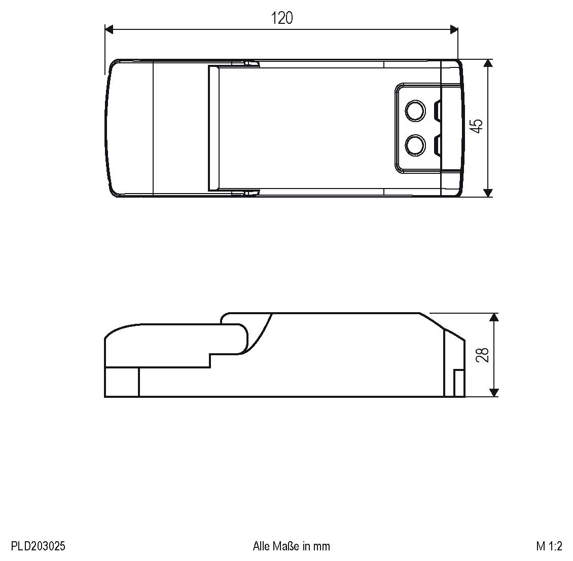 Technische Zeichnung, die ein kleines rechteckiges Gerät in Draufsicht und Seitenansicht zeigt, mit den Abmessungen 120 mm lang, 45 mm breit und 28 mm hoch.