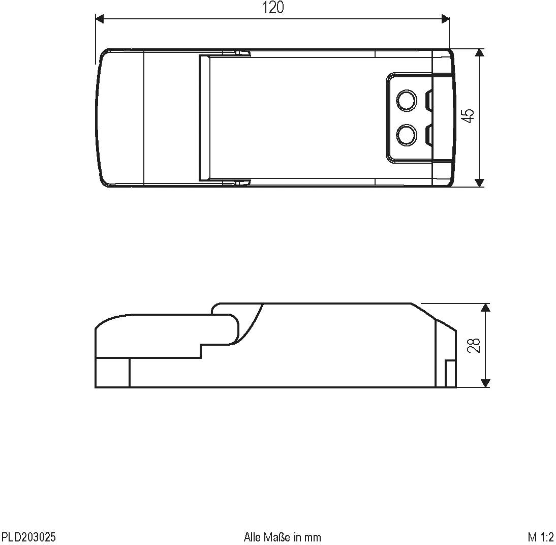 Technische Zeichnung eines rechteckigen Geräts mit Maßen: 120 mm Länge, 45 mm Breite, 28 mm Höhe; alle Maße in Millimeter.