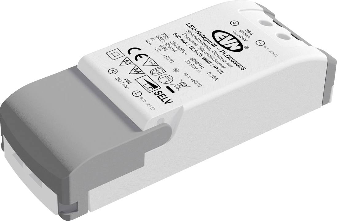 LED-Treiber in rechteckiger Form mit technischem Etikett auf der Oberfläche, zeigt Spezifikationen und Sicherheitskennzeichen.