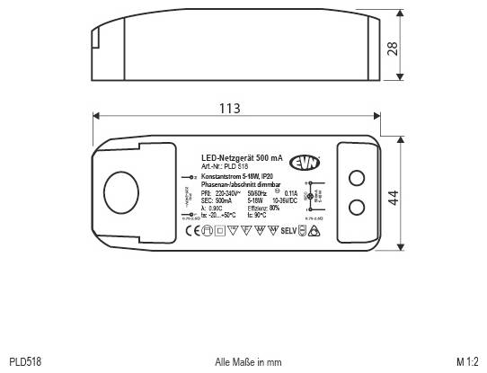 Technische Zeichnung mit Abmessungen eines LED-Notstrommodulds mit der Bezeichnung „LED-Netzgerät 500 mA