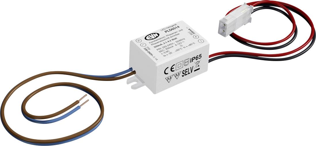 Kleines, rechteckiges Netzteil mit weißen Kunststoffgehäuse, Aufdruck 'IP65', mit Kabeln und Verbindungsstecker, geeignet für LED-Anwendungen.